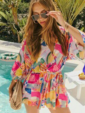 VICI Jaime Tie Waist Kimono Romper Tropical Print | M